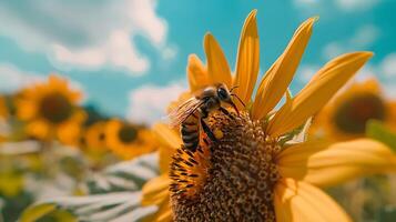ai genererad honungsbi samlar pollen från solros i mjuk naturlig ljus foto