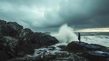 ai genererad enslig figur tandställning de storm styrka och sårbarhet i de ansikte av en lynnig hav foto