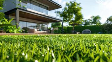 ai genererad lugn morgon- scen frodig grön gräsmatta med modern hus bakgrund. ai genererad. foto