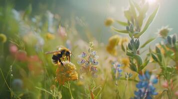 ai genererad bi samlar nektar från färgrik vild blomma i frodig äng badade i mjuk naturlig ljus foto