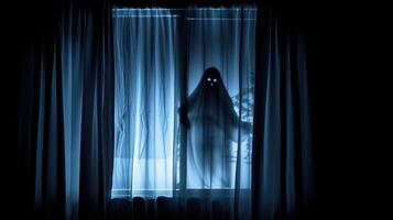 ai genererad suddig spöke silhuett i sovrum fönster på natt, miljö en läskigt halloween scen, ai genererad foto
