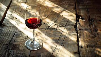 ai genererad glas av röd vin på rustik tabell badade i mjuk naturlig ljus foto