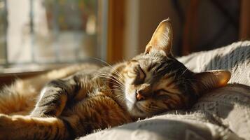 ai genererad inhemsk katt lockar i mysigt säng basks i mjuk naturlig ljus förbi fönster foto