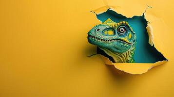 ai genererad en humoristisk dinosaurie kamrater genom en rev hål i en kontrast pastell Färg papper bakgrund, ai genererad foto