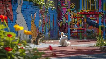 ai genererad urban lekplats glädje kanin ekorre och en stänk av Färg mitt i stad graffiti foto