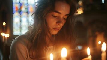 ai genererad ung kvinna lampor ljus i vagt belyst kyrka med färgrik färgade glas fönster foto