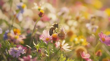 ai genererad färgrik vild blomma drar till sig bi i frodig äng badade i mjuk naturlig ljus foto