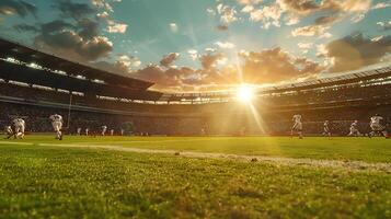 ai genererad pigg fotboll spel utvecklas på solnedgång mitt i glädjande folkmassan på frodig grön fält foto