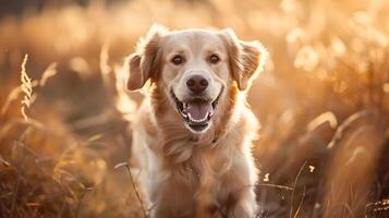 ai genererad gyllene retrievers majestätisk solnedgång springa fångad i 50mm stänga upp porträtt foto