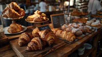 ai genererad värma och rustik bageri visa visa upp nyligen bakad croissanter och bakverk foto