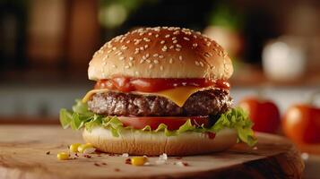 ai genererad välsmakande närbild saftig nötkött burger med smält ost knaprig sallad och vibrerande tomat uppsättning mot rustik kök bakgrund foto