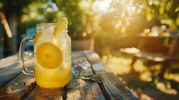 ai genererad uppfriskande citronsaft i murare burk is kuber rustik tabell solig trädgård bakgrund foto