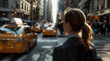 ai genererad affärskvinna hyllas taxi på upptagen urban gata mitt i bilar och fotgängare foto