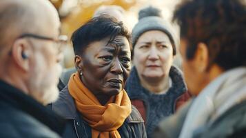 ai genererad olika ung vuxna sång slagord på fredlig stad protest med tecken och demonstranter i bakgrund foto