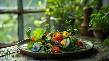 ai genererad färgrik vegetabiliska sallad basks i mjuk naturlig ljus på rustik trä- tabell foto