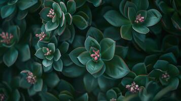 ai genererad vibrerande saftig makro grön löv rosa blommor och texturer i mjuk naturlig ljus foto