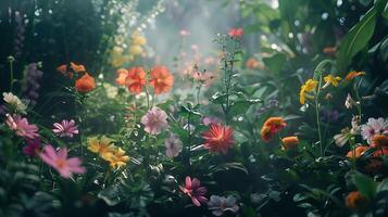 ai genererad färgrik trädgård blooms badade i mjuk naturlig ljus foto