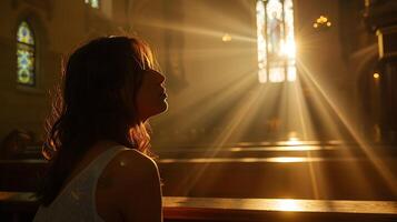 ai genererad kvinna knästående i bön i vagt belyst kyrka solljus strömning genom färgade glas foto