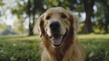 ai genererad gyllene retriever leker genom vild i mjuk naturlig ljus foto