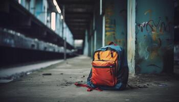 ai genererad ung vuxen backpacker gående genom mörk tunnelbana station, utforska stad genererad förbi ai foto