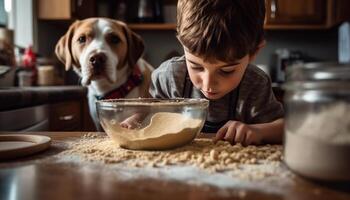 ai genererad söt barn och hund spelar lyckligt i kök, bindning tillsammans genererad förbi ai foto