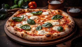 ai genererad färsk hemlagad pizza, kokta med mozzarella, tomat, och välsmakande sås genererad förbi ai foto