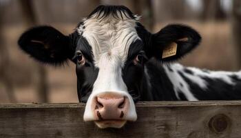 ai genererad söt holstein nötkreatur betning på grön äng, ser på kamera genererad förbi ai foto