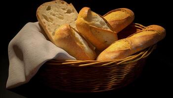 ai genererad färsk baguette i korg- korg, perfekt för lunch genererad förbi ai foto