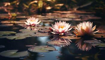 ai genererad lotus blomma flytande på vatten, symbol av lugn genererad förbi ai foto