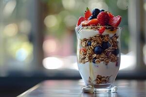 ai genererad friska snabbt frukost med yoghurt med mysli och bär i en transparent glas på de tabell närbild foto