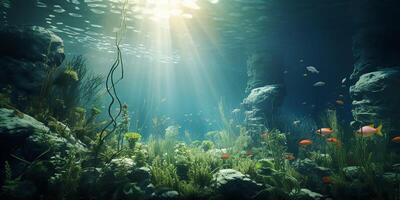 ai genererad de solens strålar göra deras sätt till de havsbotten. fotorealistisk bild av de under vattnet värld foto