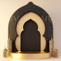 ai genererad lyxig ramadan firande med ett islamic arkitektur bakgrund i en ljus svart och brons stil. terar lyxig vägg hängningar, ljus beige och gul accenter, foto