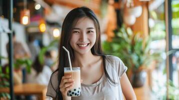 ai genererad Lycklig asiatisk skön kvinna innehav glas av bubbla te i henne hand . foto