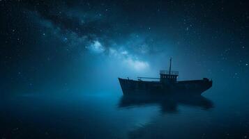 ai genererad nattetid fartyg segling tvärs över de hav under de starry himmel foto