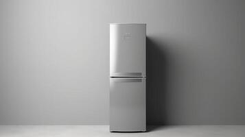 ai genererad modern kylskåp i främre av en svart vägg foto