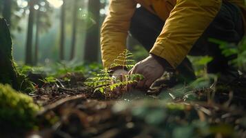 ai genererad person plantering träd i frodig grön skog mjuk naturlig ljus filtrering genom tak foto