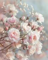 ai genererad delikat rosa ro blomning mot en mjuk, drömmande bakgrund foto
