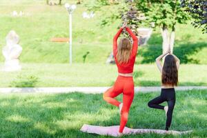 mor och dotter håller på med yoga övningar på gräs i de parkera på de dag tid foto