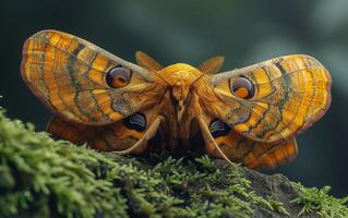 ai genererad en makro bild av en guld färgat fjäril med komplex vinge mönster, placerad på en texturerad jord foto