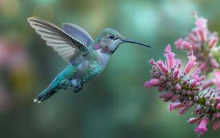 ai genererad kolibri dricka nektar från en rosa blomma foto