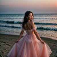 ai genererad skön flicka brud i en rosa vit älskling tyll lång studentbal klänning står på en ser strand. foto