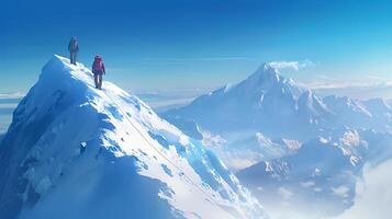 ai genererad äventyrlig klättrare nå de topp av en snötäckt fjäll, under de expansiv blå himmel foto