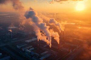 ai genererad smutsig luft förorening rök från fabrik skorsten solnedgång tid fabrik utsläpp foto
