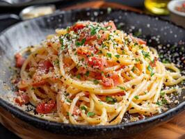 ai genererad spaghetti kastade med mogen tomater, en stänk av parmesan, och färsk örter. generativ ai. foto