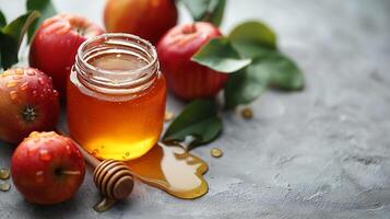 ai genererad honung med äpple frukt på en vit bakgrund foto