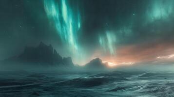 ai genererad majestätisk aurora över isig landskap foto