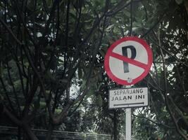 trafik tecken. parkering är förbjuden längs detta väg. foto