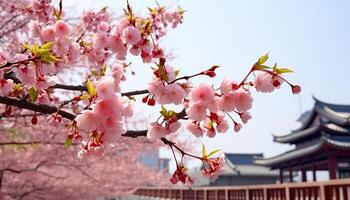 ai genererad springtime blomma rosa blommor på träd gren, natur skönhet utomhus genererad förbi ai foto