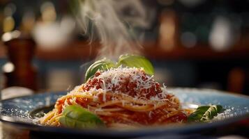 ai genererad ångande spaghetti glädje med färsk parmesan och basilika fångad i närbild foto