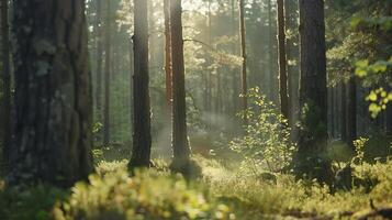 ai genererad lugn skog landskap med solljus filtrering genom träd brokig skuggor och mjuk värma naturlig ljus foto